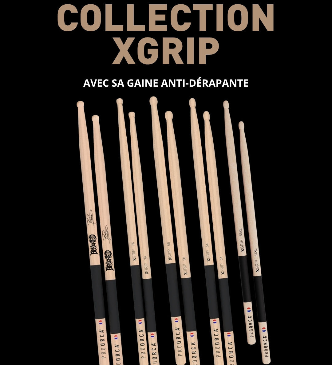 Collection XGrip ProOrca : baguettes de batterie équipées d'une gaine anti-dérapante sur le manche