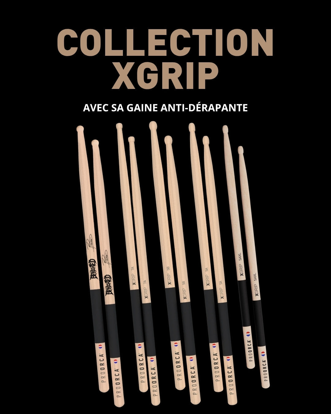 Collection XGrip ProOrca : baguettes de batterie équipées d'une gaine anti-dérapante sur le manche