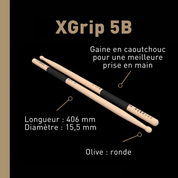 XGrip 5B - Baguettes de batterie hickory