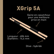 XGrip 5A - Baguettes de batterie hickory