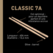 Classic 7A - Baguettes de batterie hickory